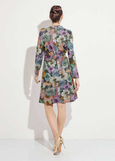 Robe fleurie ceinturée col montant chaude Gris/Parme