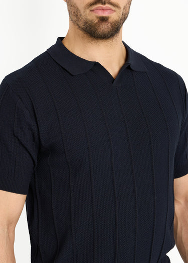 Pull fin en maille gaufrée avec col polo Marine