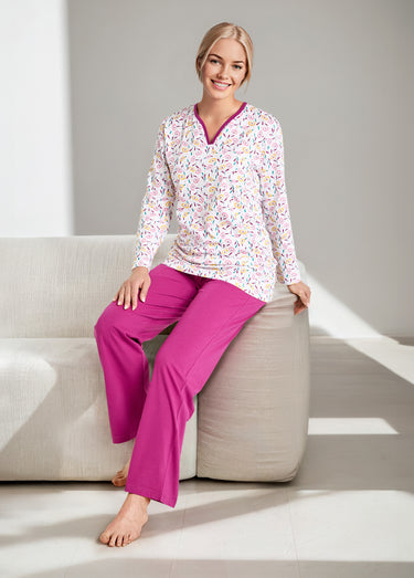 Pyjama col V imprimé manches longues coton Imprime Prune