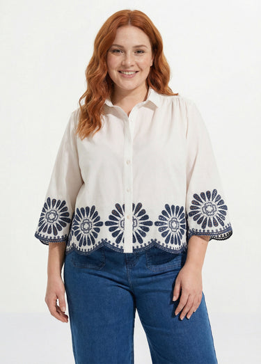 Blouse brodée et ajourée, col claudine Blanc