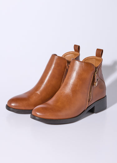 Low boots à talon large et zip déco Camel