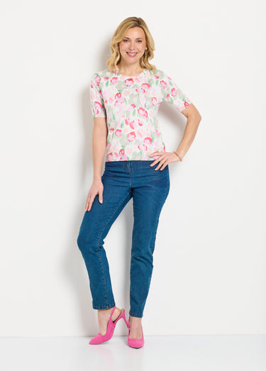 Pull doux manches courtes col rond Vert/Coquelicot