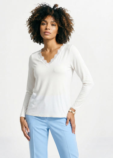 T-shirt court dentelle col V manches longues Ecru