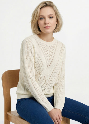 Pull col rond maille ajourée et boules Ecru