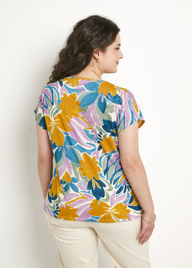 T-shirt fleuri col rond manches courtes Parme/Ocre