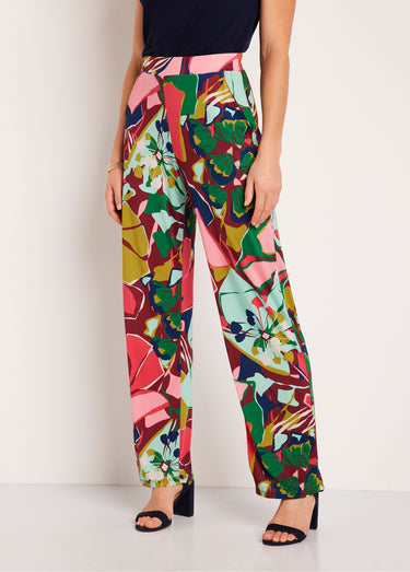 Pantalon large taille semi-élastiquée Rose/Vert