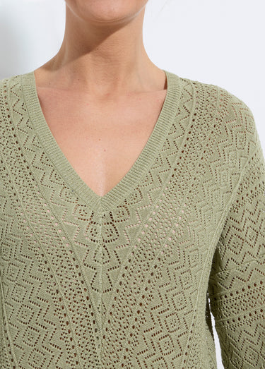 Pull maille ajourée col V Olive