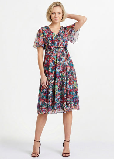 Robe courte dentelle fleurie évasée Fuchsia/Bleu