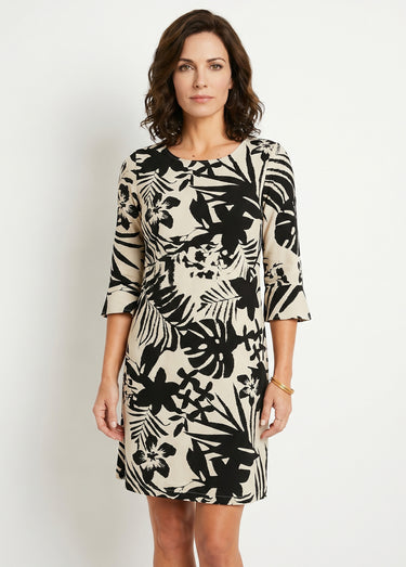Robe droite courte fleurie fluide Noir/Beige