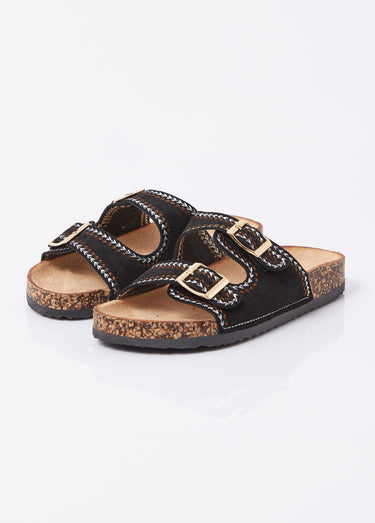 Mules folk à boucles, semelle type liège Noir