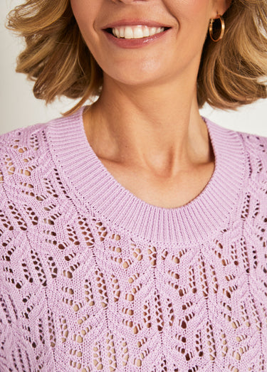 Pull maille ajourée manches courtes Lilas