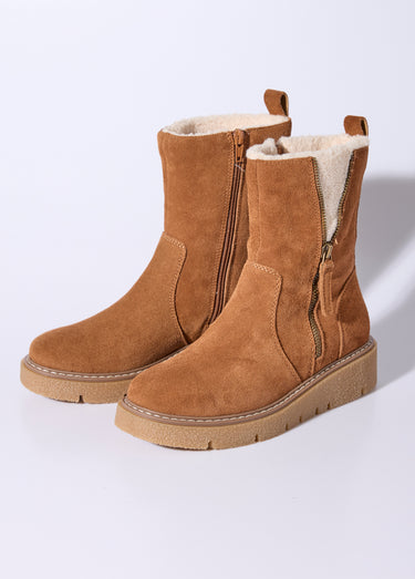 Boots montantes cuir, détails fourrure Camel