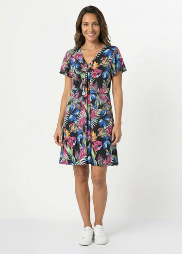 Robe évasée imprimé feuilles courte Imp Noir