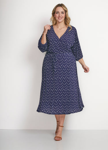 Robe mi longue cache-coeur pois Marine / Blanc