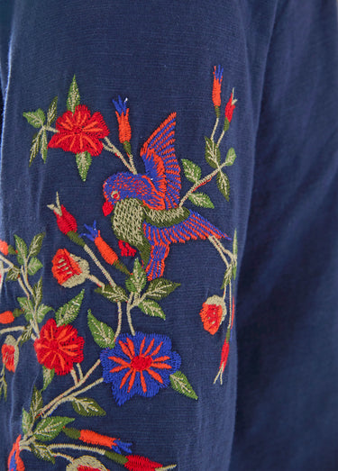T-shirt long brodé manches 3/4 Marine