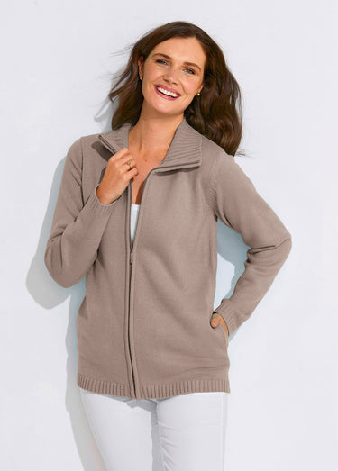 Gilet zippé long uni col montant Taupe