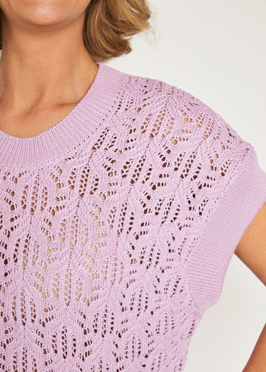 Pull maille ajourée manches courtes Lilas