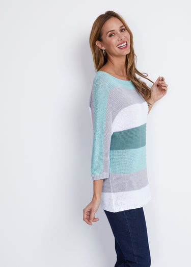 Pull rayé manches 3/4 point mousse Aqua/Gris