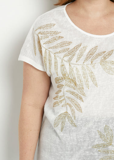 T-shirt col rond maille flammée motif doré Blanc