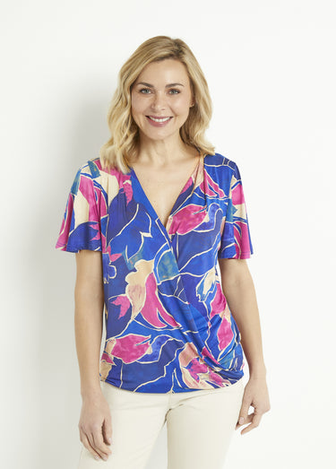 T-shirt cache-coeur long blousant motif floral Bleu/Rose