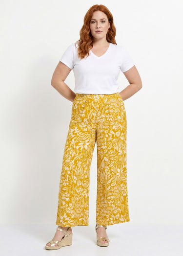 Pantalon large taille élastiquée fleuri ou uni Jaune/Ecru