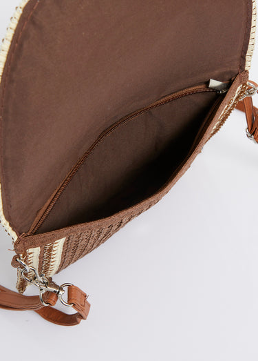 Pochette demi lune en papier tressé Marron