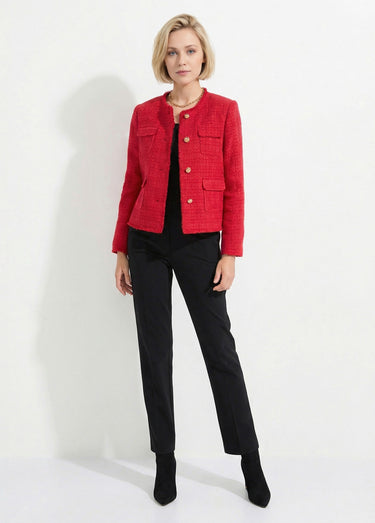 Veste tweed boutonnée frangée sans col Rouge