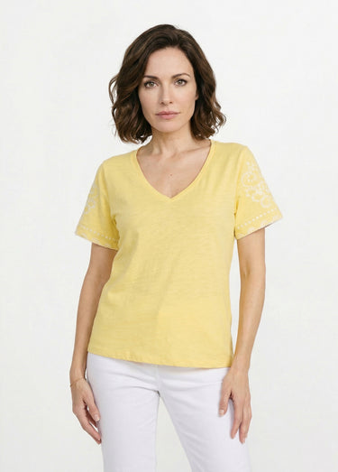 T-shirt col V brodé manches courtes Jaune/Blanc