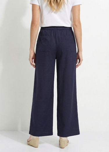 Pantalon large avec lin, style ethnique Marine