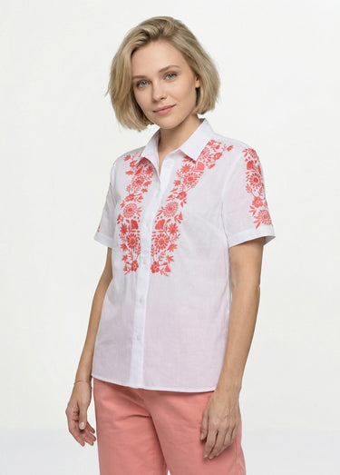 Chemisier long coton brodé manches courtes Blanc/Rose