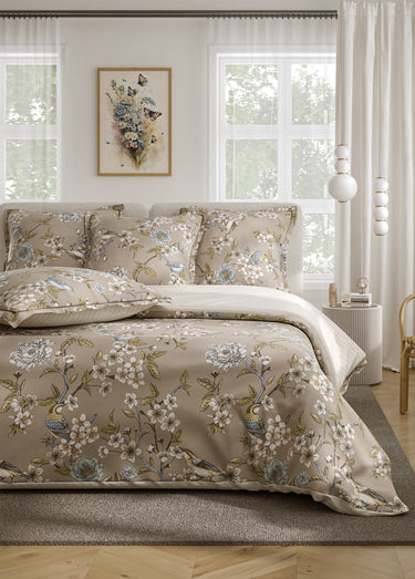Parure de lit 4 pièces percale avec drap plat, romance Imprime Beige