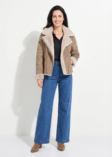 Blouson zippé façon peau lainée Taupe
