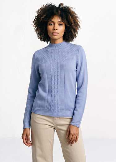 Pull doux torsades côtes strass col montant Bleu