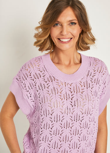 Pull maille ajourée manches courtes Lilas