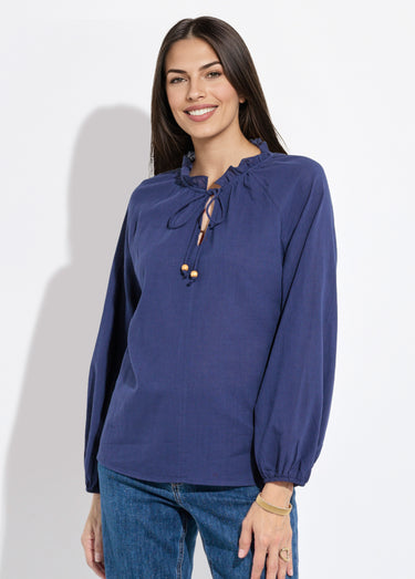 Blouse ample col V fantaisie lien à nouer Marine