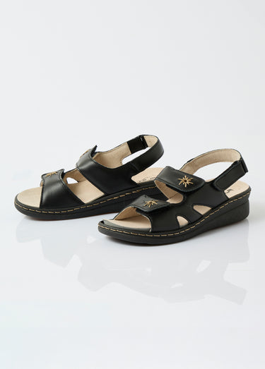 Sandales cuir brodé grande largeur Noir