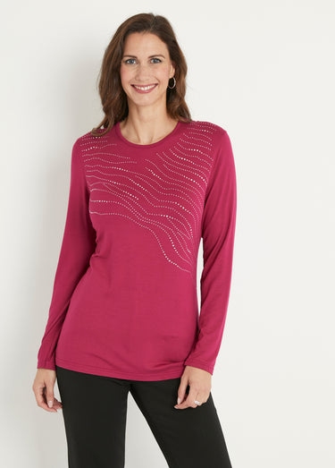 T-shirt uni droit court avec strass col rond Cassis