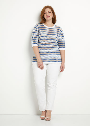 Pull doux rayé ajouré court manches courtes Raye Bleu