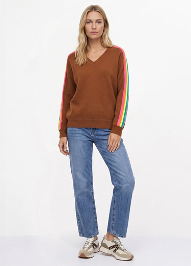 Pull col V manches lignes multicolores Camel