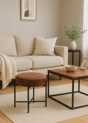 Pouf métal forme tabouret, avec coussin Marron