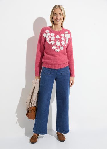 Pull moelleux col rond fleurs brodées Rose