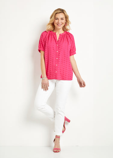 Chemisier ample coton brodé sans col Fuchsia