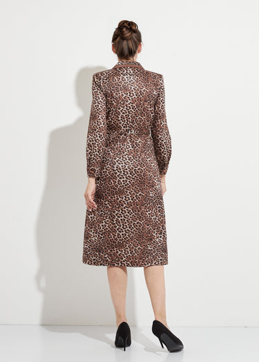 Robe mi longue col tailleur imprimé léopard Marron