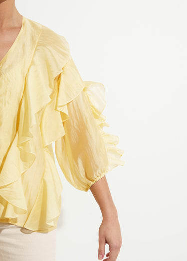 Blouse col V boutonnée à volants Jaune