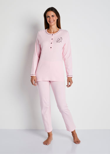 Pyjama 2 pièces coton, broderie poitrine Rose