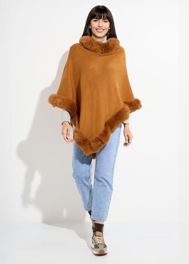 Poncho cape, bord fourrure ton sur ton Camel