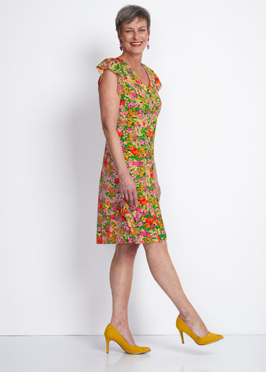 Robe courte volantée imprimé floral Rouge/Vert