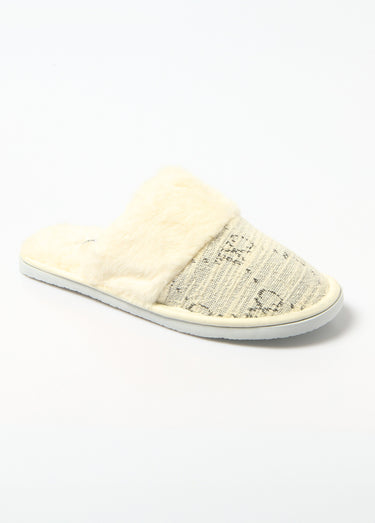 Chaussons mules bord fourrure motif logo Beige