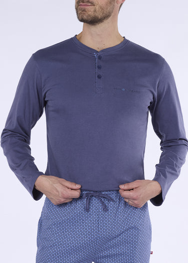 Pyjama long 2 pièces coton petits motifs Bleu