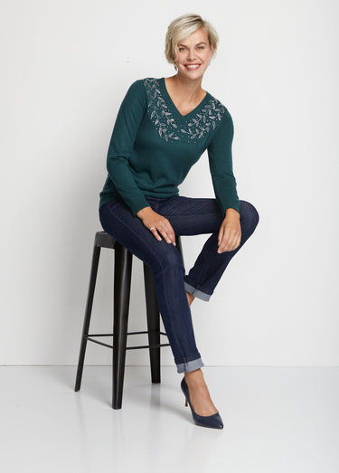 Pull col V strassé manches longues Vert Sapin